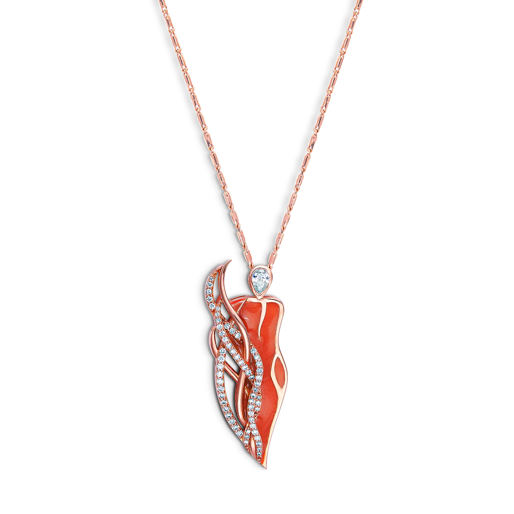 Orange Enamel Necklace with diamonds