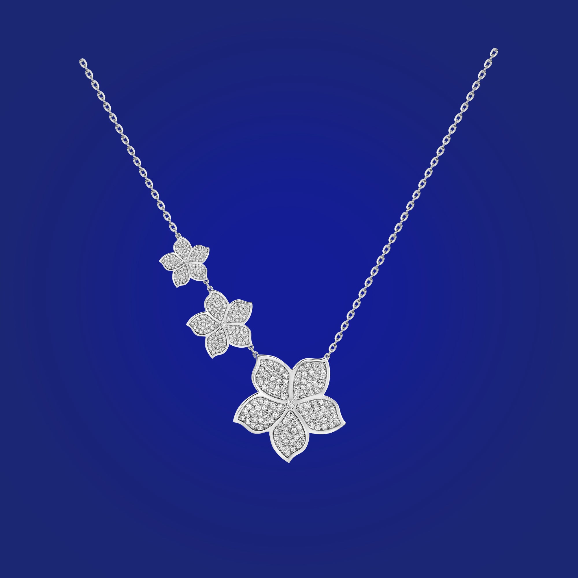 Triple Jasmine Flower Pendant-Necklace in Full Diamond